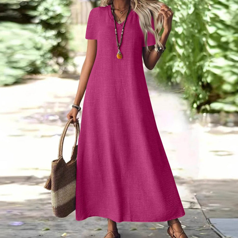 🔥-50% 👗 Robe Longue Femme Col V Manches Courtes Tissu Texturé Léger Coupe Ample Fluide