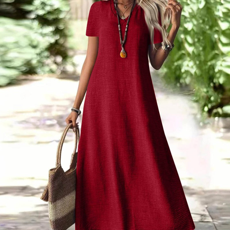 🔥-50% 👗 Robe Longue Femme Col V Manches Courtes Tissu Texturé Léger Coupe Ample Fluide