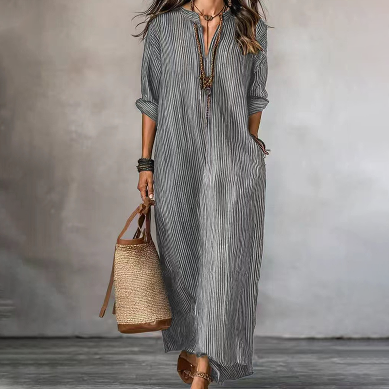 Robe longue à rayures et col en V pour femme