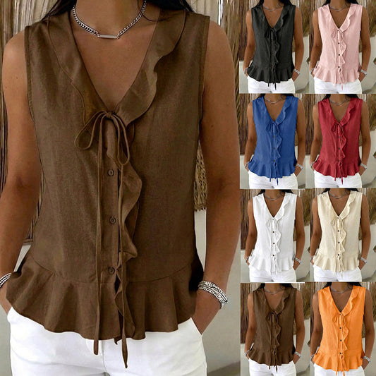 🔥-50%👚 Haut Femme Sans Manches Col V à Volants avec Lacet – Tissu Texturé Léger Coupe Fluide