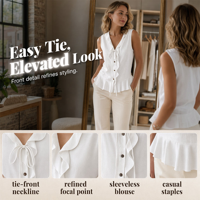 🔥-50%👚 Haut Femme Sans Manches Col V à Volants avec Lacet – Tissu Texturé Léger Coupe Fluide