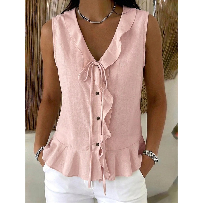🔥-50%👚 Haut Femme Sans Manches Col V à Volants avec Lacet – Tissu Texturé Léger Coupe Fluide