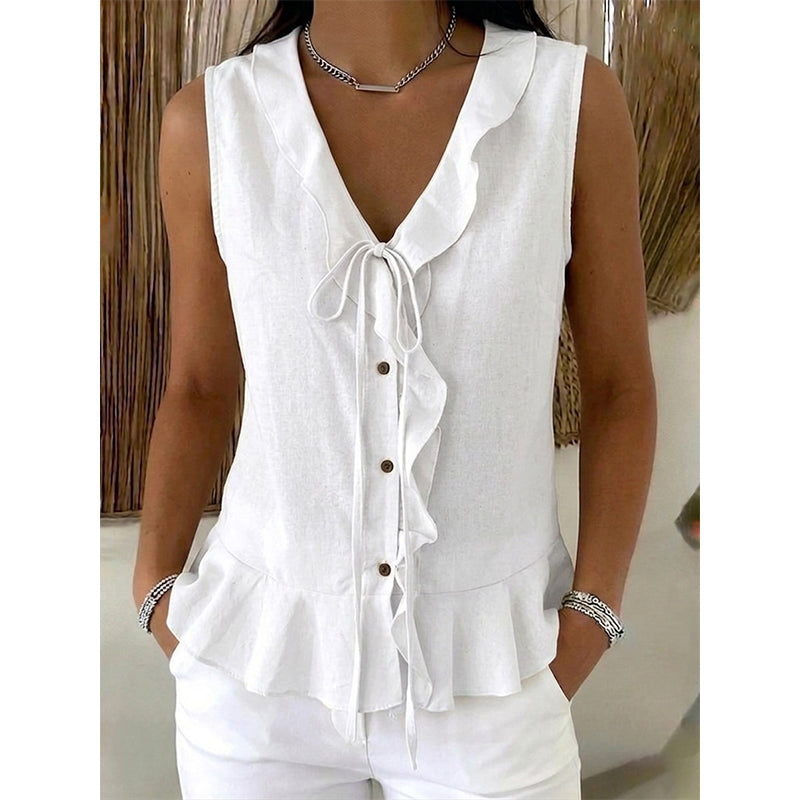 🔥-50%👚 Haut Femme Sans Manches Col V à Volants avec Lacet – Tissu Texturé Léger Coupe Fluide