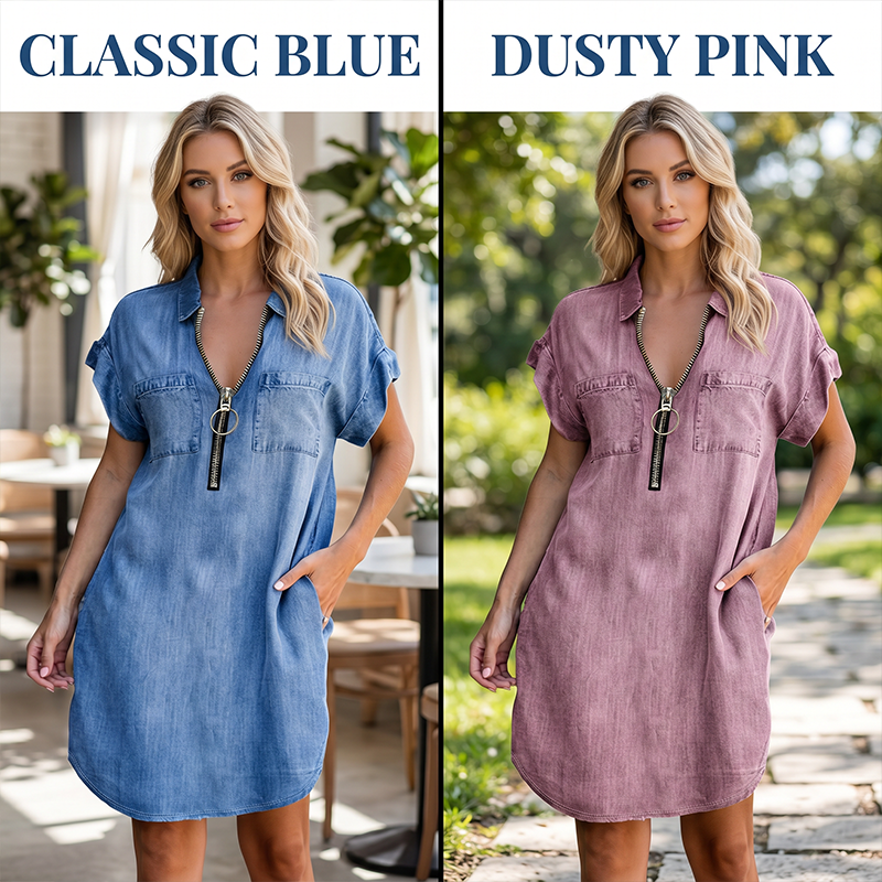 ⌛Offre à durée limitée – Robe-chemise décontractée en jean pour femme, coupe ample, revers, manches courtes, fermeture éclair et poches