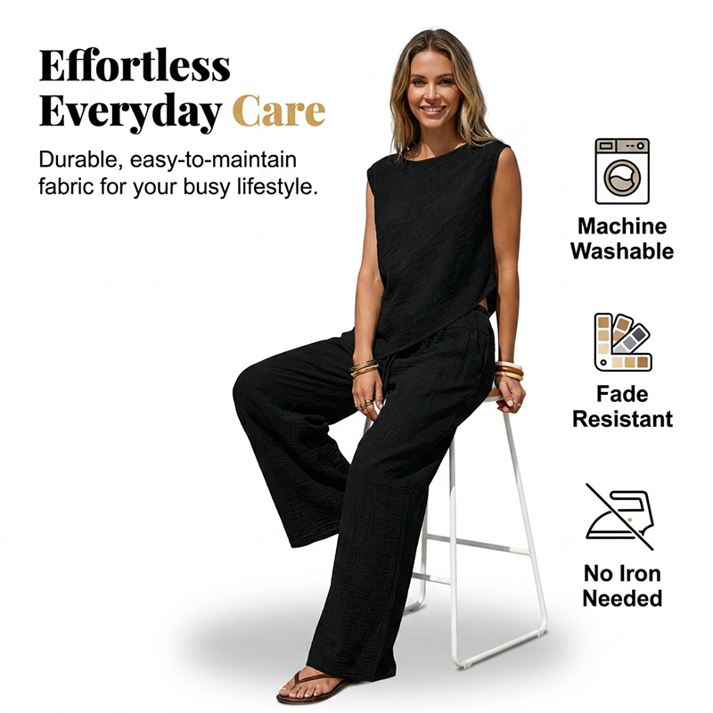 Ensemble femme composé d'un gilet asymétrique et d'un pantalon à jambes larges
