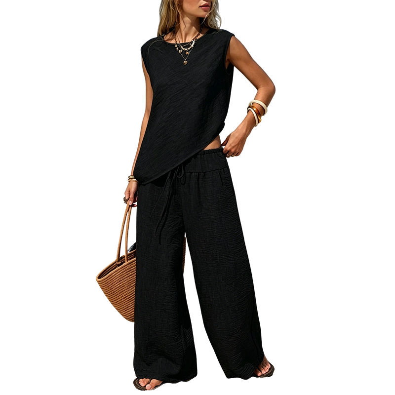 Ensemble femme composé d'un gilet asymétrique et d'un pantalon à jambes larges