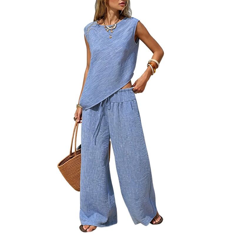 Ensemble femme composé d'un gilet asymétrique et d'un pantalon à jambes larges