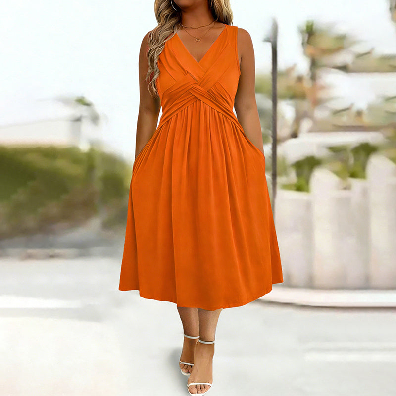 Robe sans manches à col en V et effet torsadé pour femme