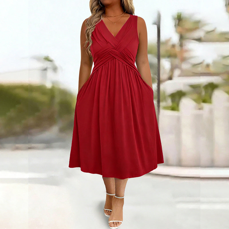 Robe sans manches à col en V et effet torsadé pour femme