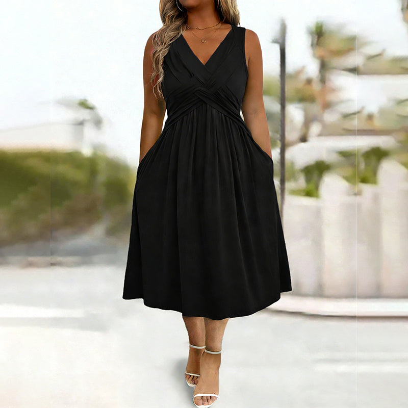 Robe sans manches à col en V et effet torsadé pour femme