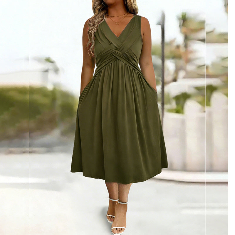 Robe sans manches à col en V et effet torsadé pour femme