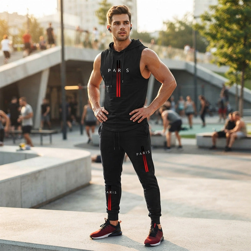 Ensemble de sport deux pièces pour homme : sweat à capuche sans manches et pantalon