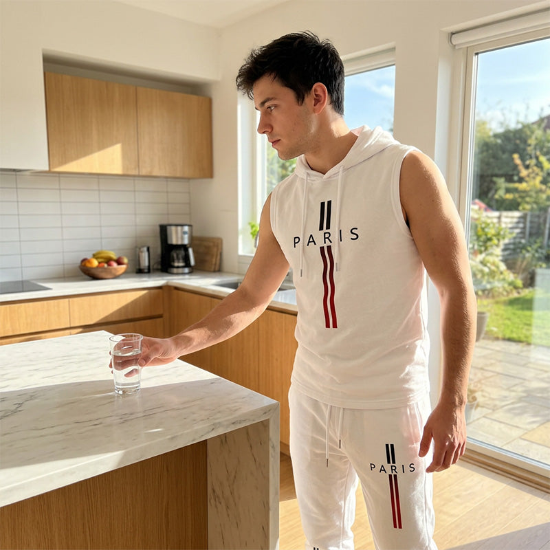 Ensemble de sport deux pièces pour homme : sweat à capuche sans manches et pantalon