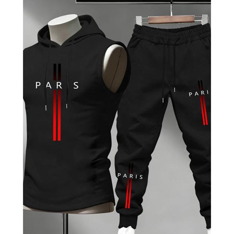 Ensemble de sport deux pièces pour homme : sweat à capuche sans manches et pantalon