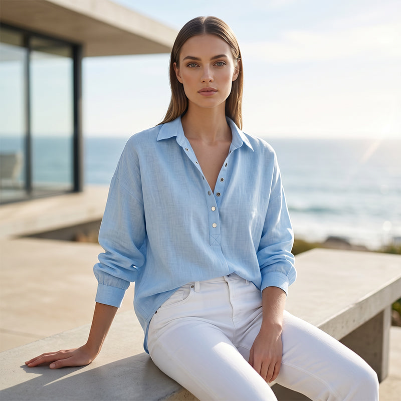 Chemise demi-boutonnée ample pour femme, style décontracté