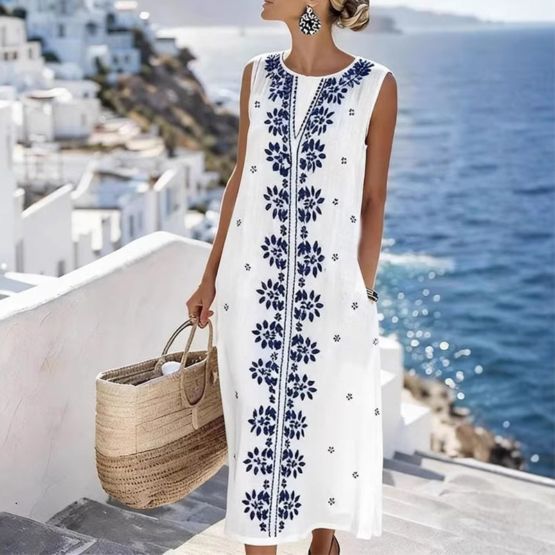 Robe longue sans manches à imprimé numérique pour femme