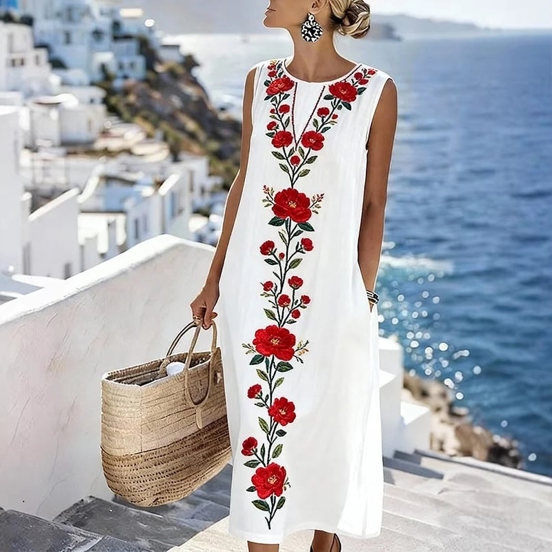 Robe longue sans manches à imprimé numérique pour femme