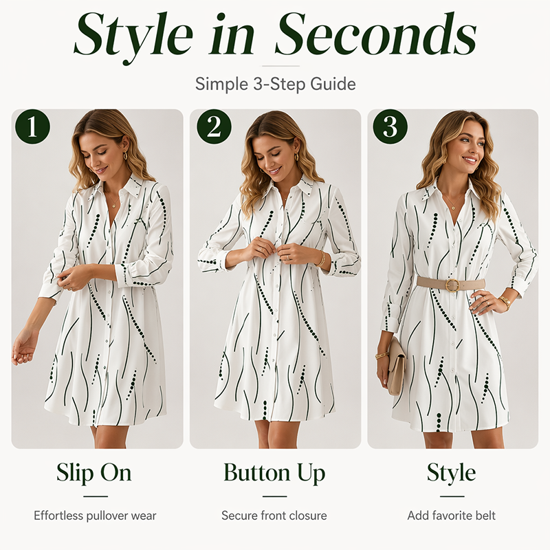 Robe-chemise imprimée à manches longues pour femme : robe midi décontractée à boutons, élégante