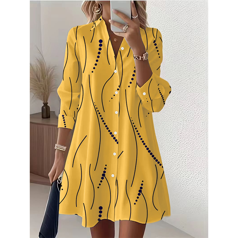 Robe-chemise imprimée à manches longues pour femme : robe midi décontractée à boutons, élégante