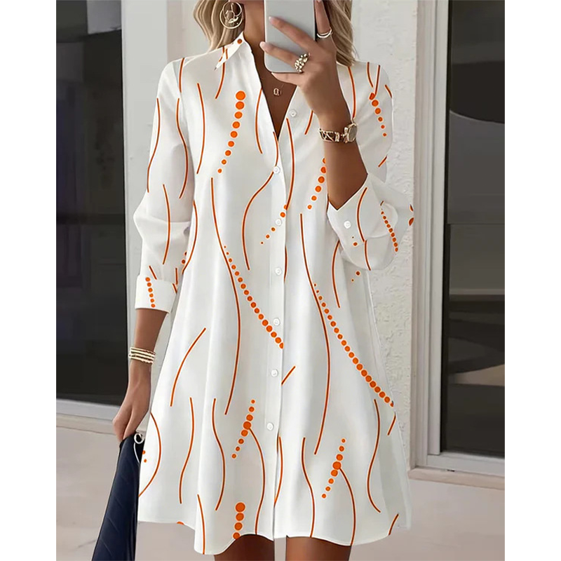 Robe-chemise imprimée à manches longues pour femme : robe midi décontractée à boutons, élégante