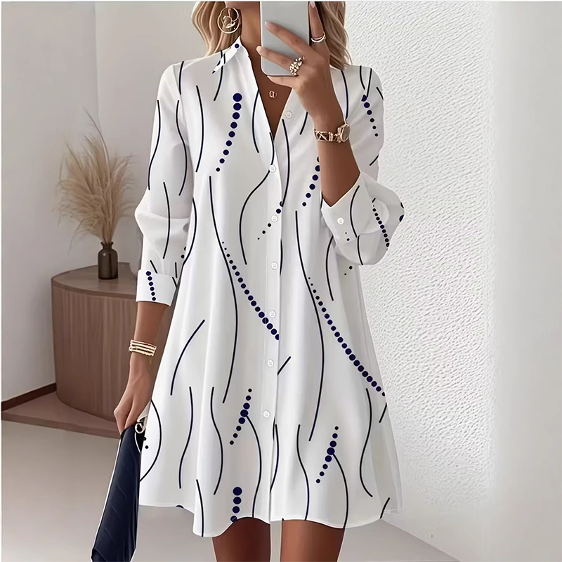 Robe-chemise imprimée à manches longues pour femme : robe midi décontractée à boutons, élégante