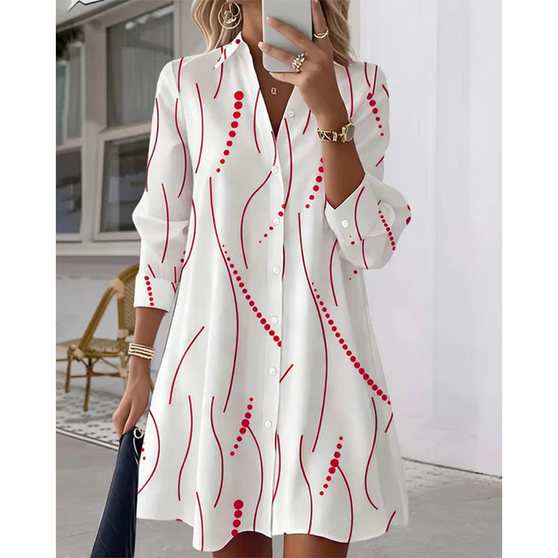 Robe-chemise imprimée à manches longues pour femme : robe midi décontractée à boutons, élégante