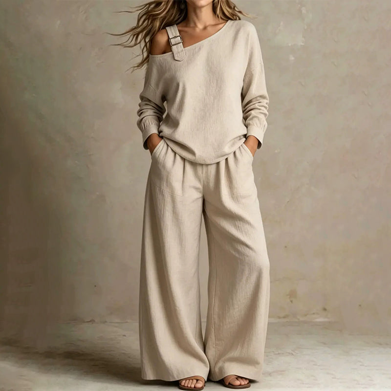 Ensemble élégant pour femme composé d'un haut asymétrique et d'un pantalon à jambes larges