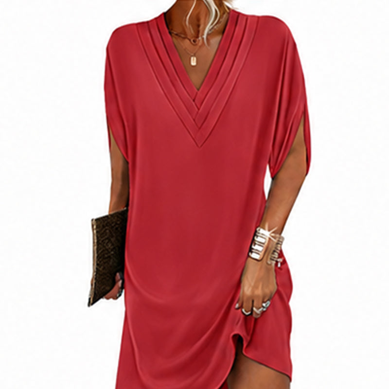 Robe femme à col en V, plissée et à manches chauve-souris