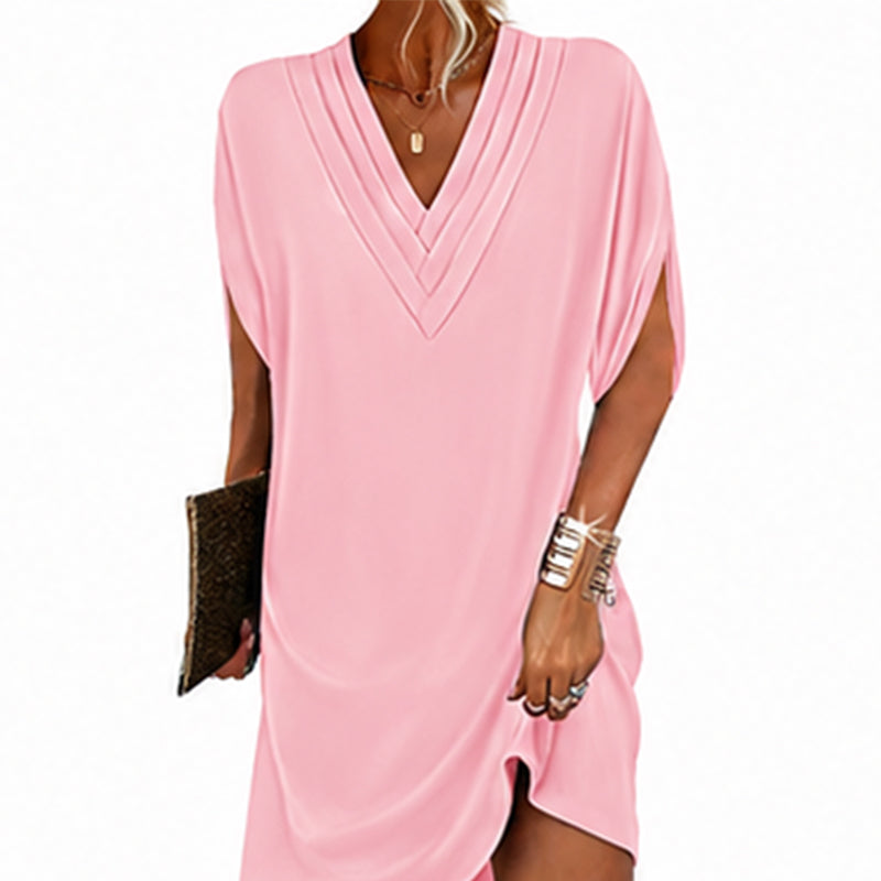 Robe femme à col en V, plissée et à manches chauve-souris