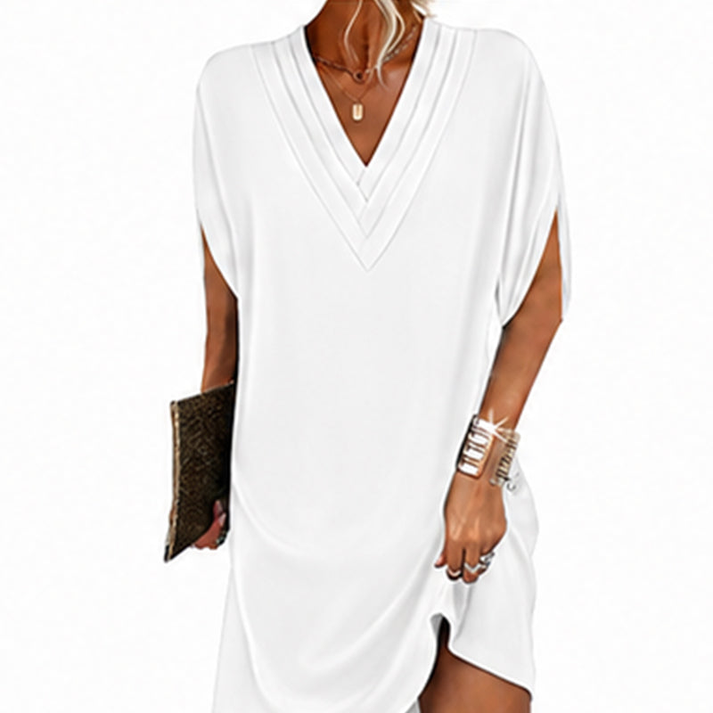 Robe femme à col en V, plissée et à manches chauve-souris