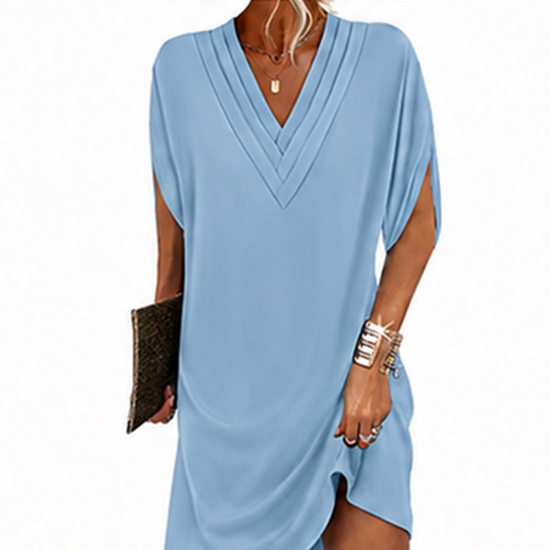Robe femme à col en V, plissée et à manches chauve-souris