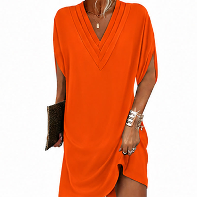 Robe femme à col en V, plissée et à manches chauve-souris