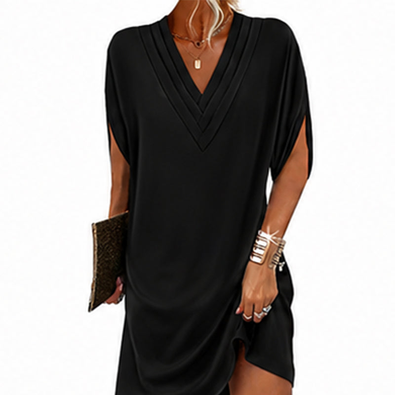 Robe femme à col en V, plissée et à manches chauve-souris
