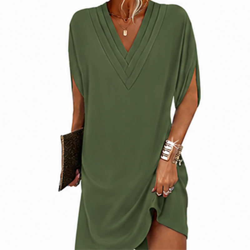 Robe femme à col en V, plissée et à manches chauve-souris