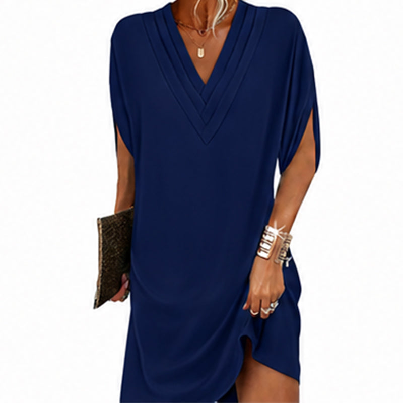 Robe femme à col en V, plissée et à manches chauve-souris