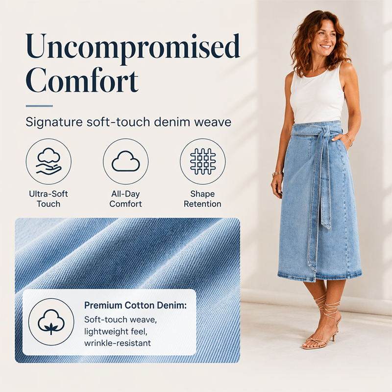 ✨🛍️Jupe portefeuille en denim vintage – Fermeture ajustable par nouage sur le côté et longueur midi polyvalente, idéale du matin au soir