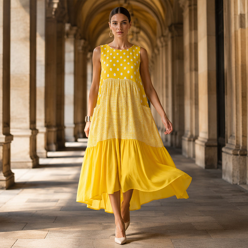 Best-seller🏆👗 Robe sans manches en patchwork – Imprimé polyvalent à pois et à carreaux, idéal pour toutes les occasions 🌸✨