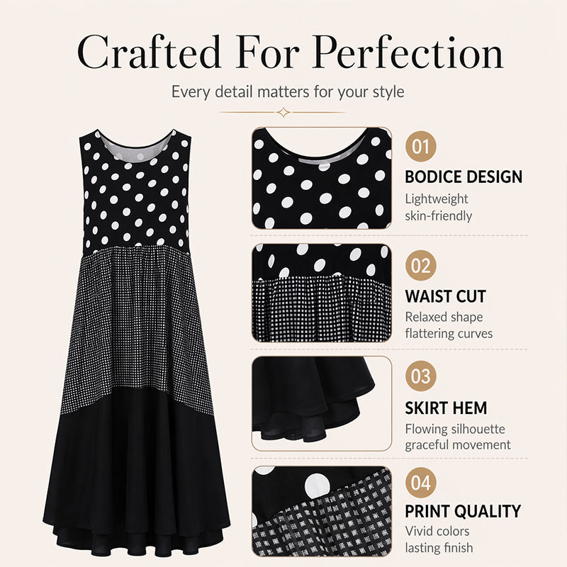 Best-seller🏆👗 Robe sans manches en patchwork – Imprimé polyvalent à pois et à carreaux, idéal pour toutes les occasions 🌸✨