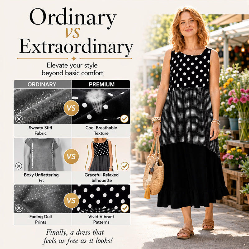 Best-seller🏆👗 Robe sans manches en patchwork – Imprimé polyvalent à pois et à carreaux, idéal pour toutes les occasions 🌸✨
