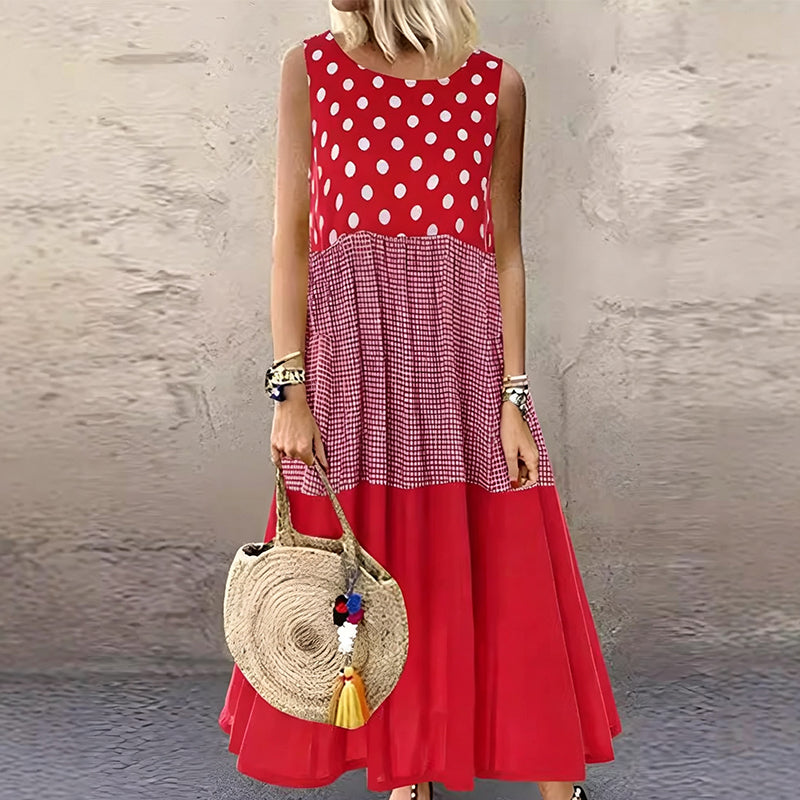 Best-seller🏆👗 Robe sans manches en patchwork – Imprimé polyvalent à pois et à carreaux, idéal pour toutes les occasions 🌸✨