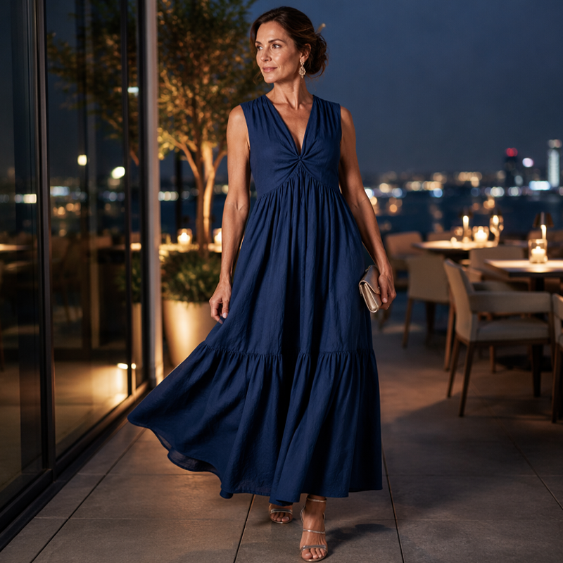 ✨🛍️Robe plissée à col en V avec poches latérales – Légère et aérienne, idéale pour les balades sur la plage ou un brunch 🍃