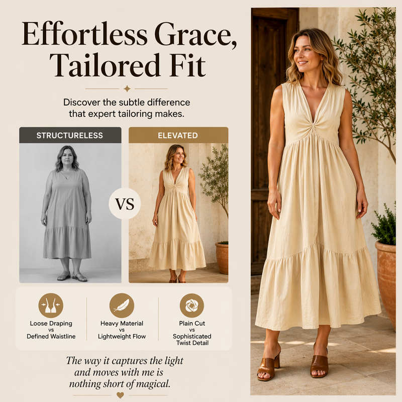 ✨🛍️Robe plissée à col en V avec poches latérales – Légère et aérienne, idéale pour les balades sur la plage ou un brunch 🍃