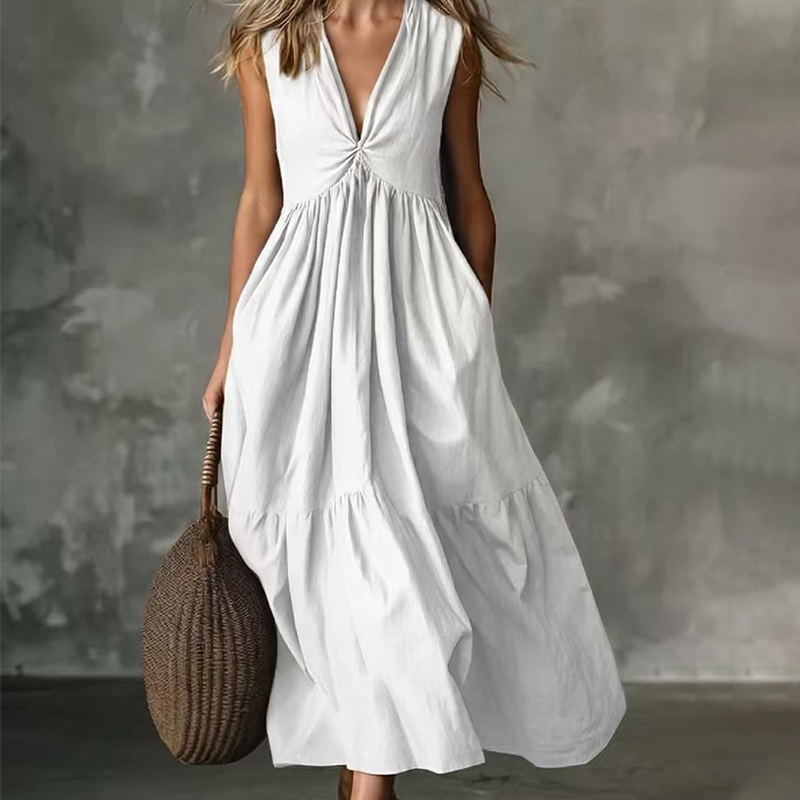 ✨🛍️Robe plissée à col en V avec poches latérales – Légère et aérienne, idéale pour les balades sur la plage ou un brunch 🍃