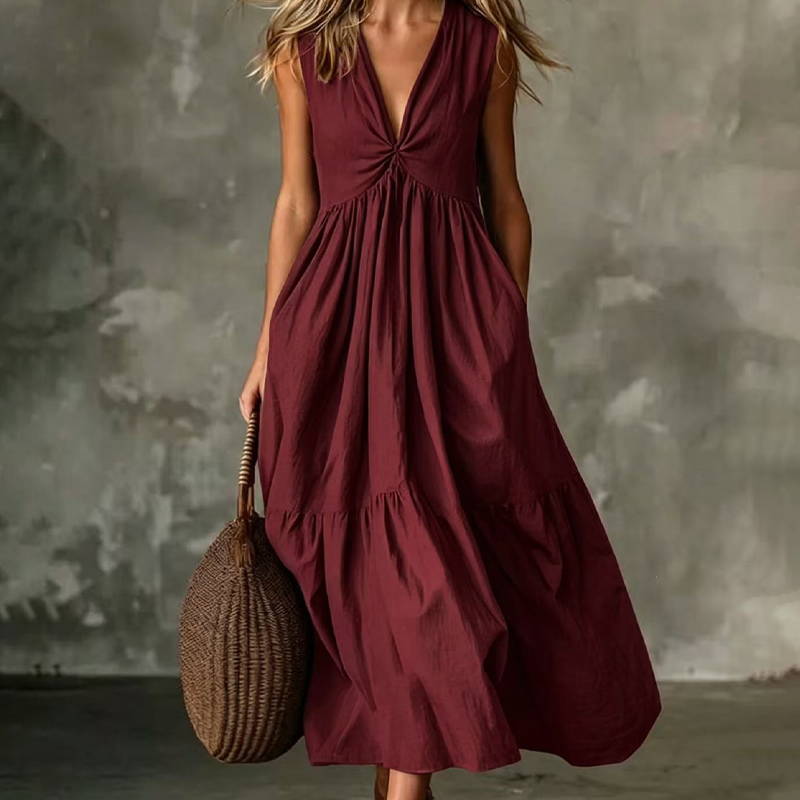 ✨🛍️Robe plissée à col en V avec poches latérales – Légère et aérienne, idéale pour les balades sur la plage ou un brunch 🍃