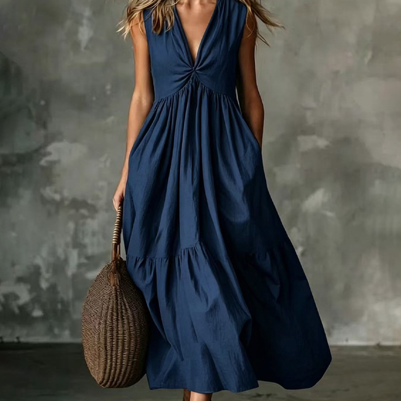 ✨🛍️Robe plissée à col en V avec poches latérales – Légère et aérienne, idéale pour les balades sur la plage ou un brunch 🍃