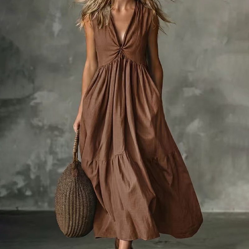 ✨🛍️Robe plissée à col en V avec poches latérales – Légère et aérienne, idéale pour les balades sur la plage ou un brunch 🍃