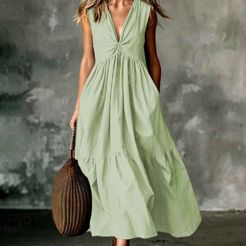 ✨🛍️Robe plissée à col en V avec poches latérales – Légère et aérienne, idéale pour les balades sur la plage ou un brunch 🍃