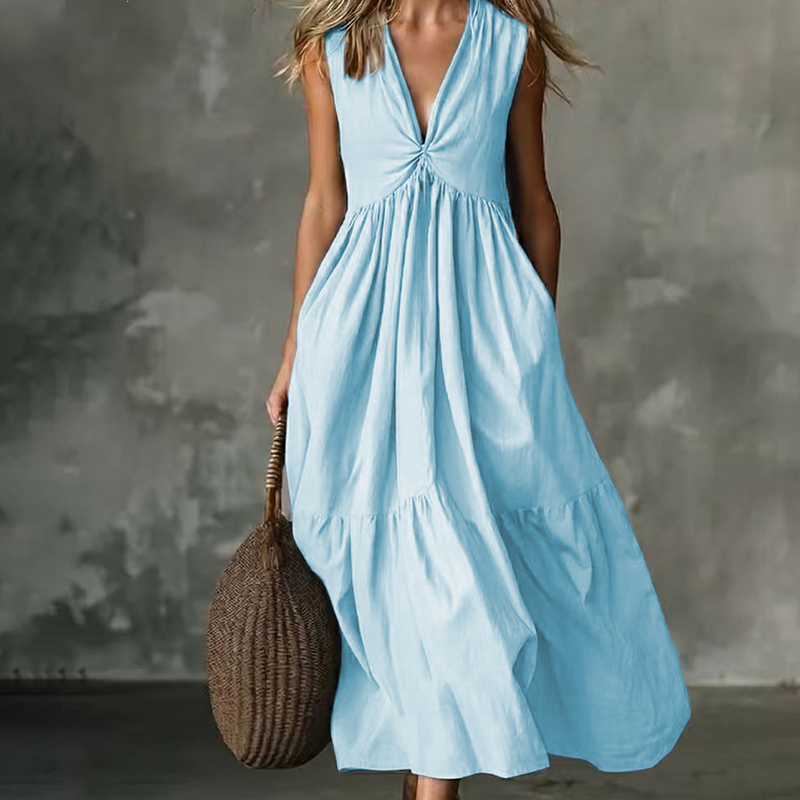 ✨🛍️Robe plissée à col en V avec poches latérales – Légère et aérienne, idéale pour les balades sur la plage ou un brunch 🍃