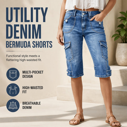 Short cargo en jean pour femme, longueur genou, avec poches
