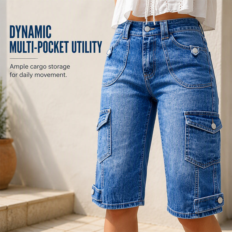 Short cargo en jean pour femme, longueur genou, avec poches